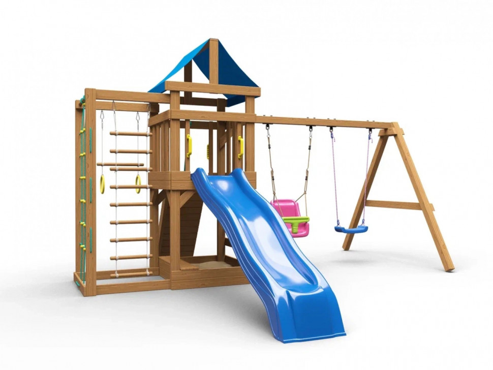 Детская площадка KD1-1 с голубой горкой и крышей, 1 качели лодочка + 1 качели кубельковые